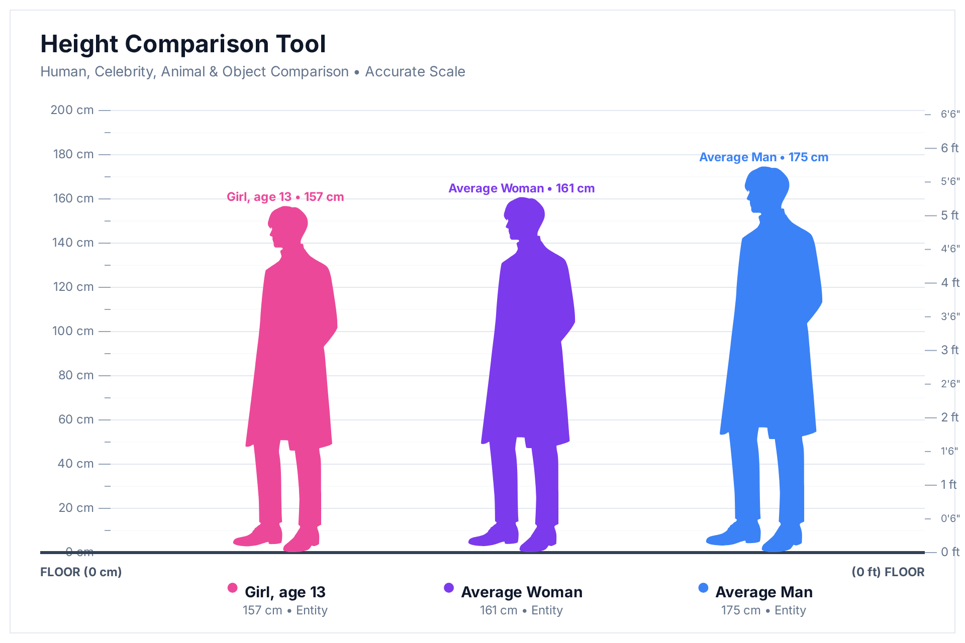 Height comparison chart showing a girl aged 13 at 157 cm next to an average woman at 161 cm and an average man at 175 cm