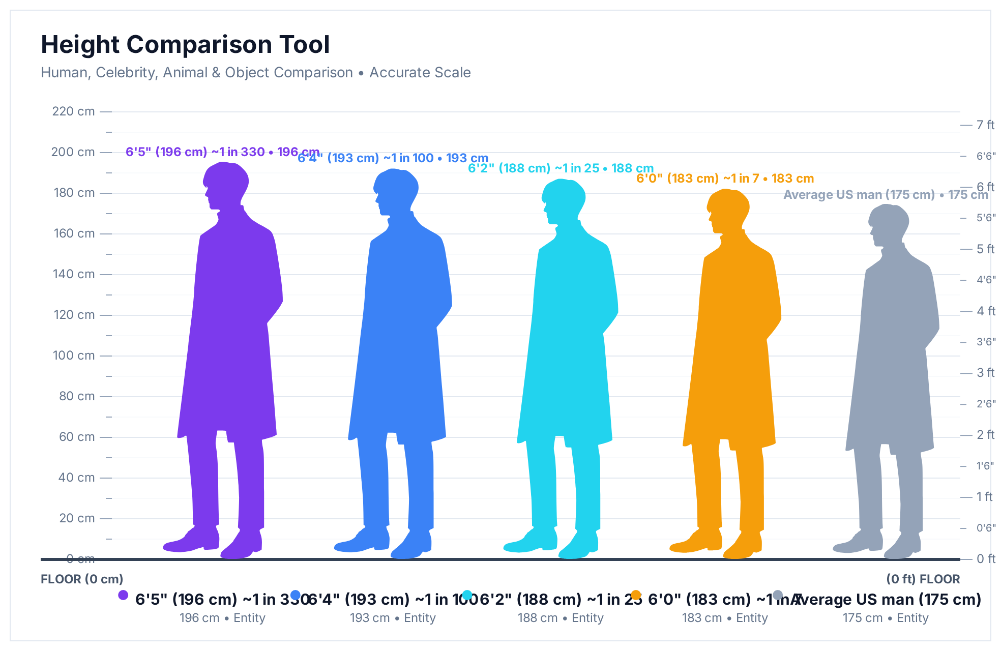 HowHeight comparison chart: 6'5" (196 cm) next to 6'4" (193 cm), 6'2" (188 cm), 6'0" (183 cm) and the average US man (175 cm)