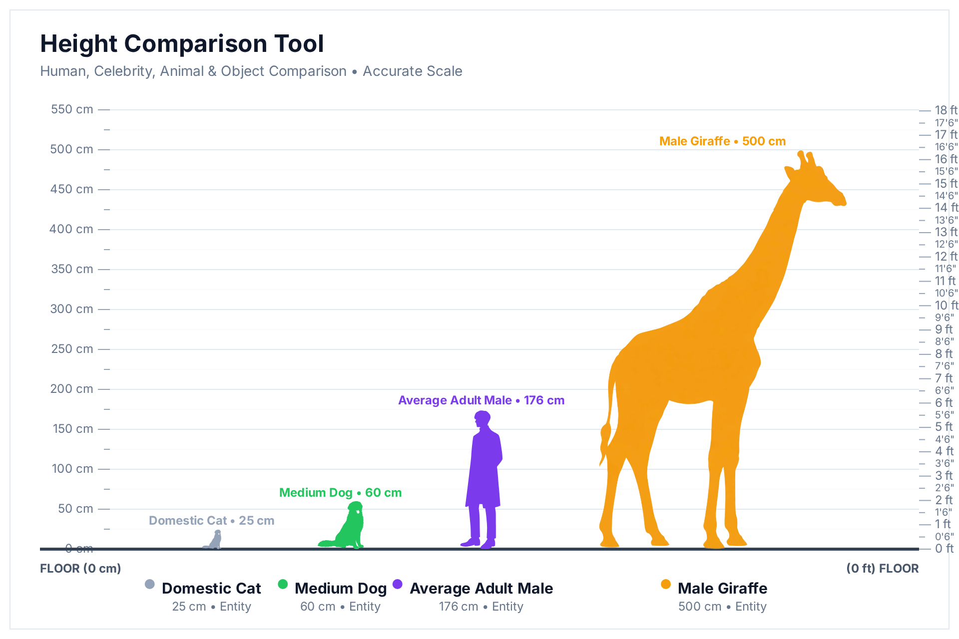 HowHeight comparison chart: cat (25 cm), dog (60 cm), adult male (176 cm) and male giraffe (500 cm) at true scale