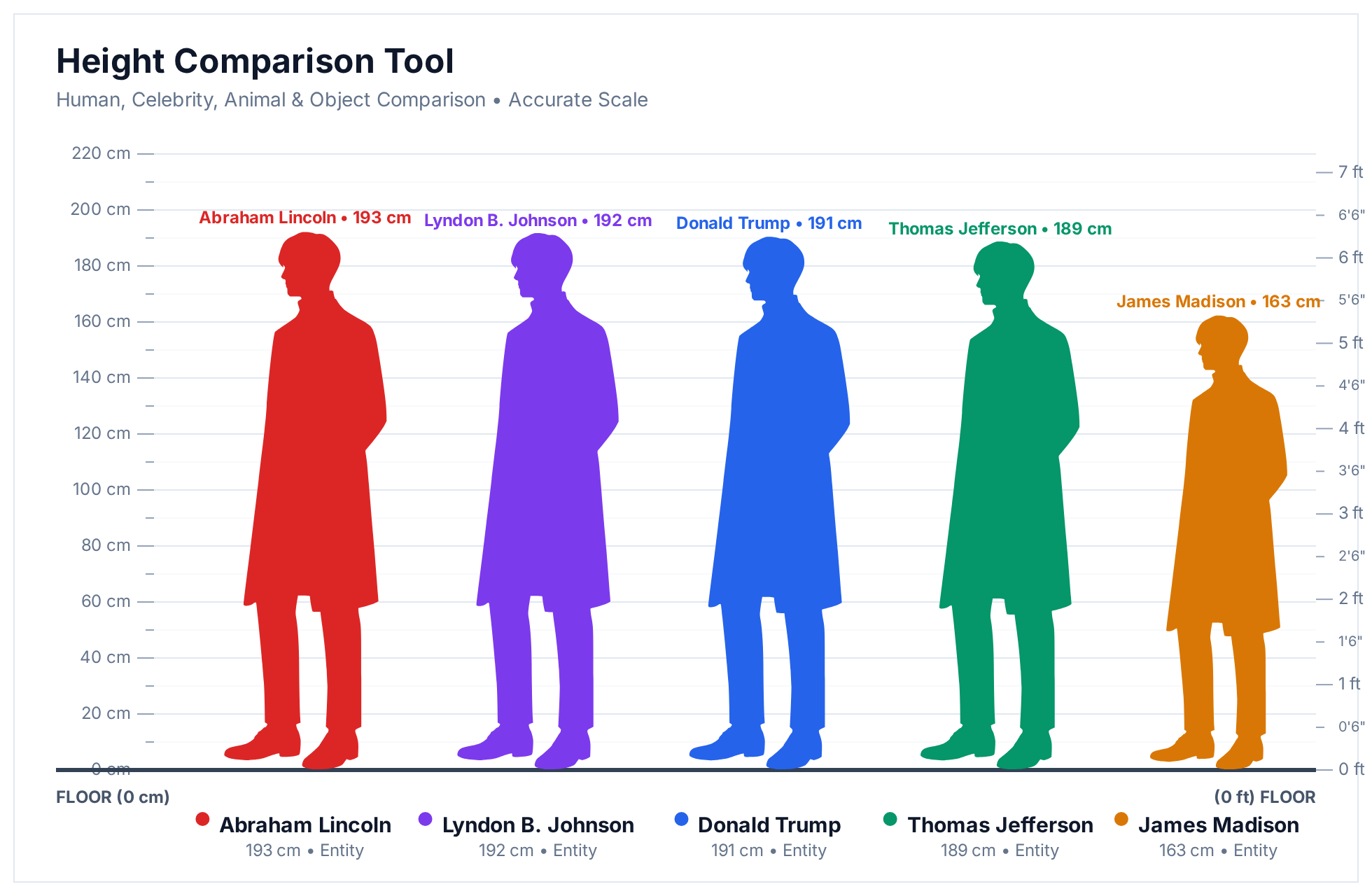 Height comparison chart of the tallest US presidents: Abraham Lincoln (193 cm), Lyndon B. Johnson (192 cm), Donald Trump (191 cm), Thomas Jefferson (189 cm) and James Madison (163 cm) for scale
