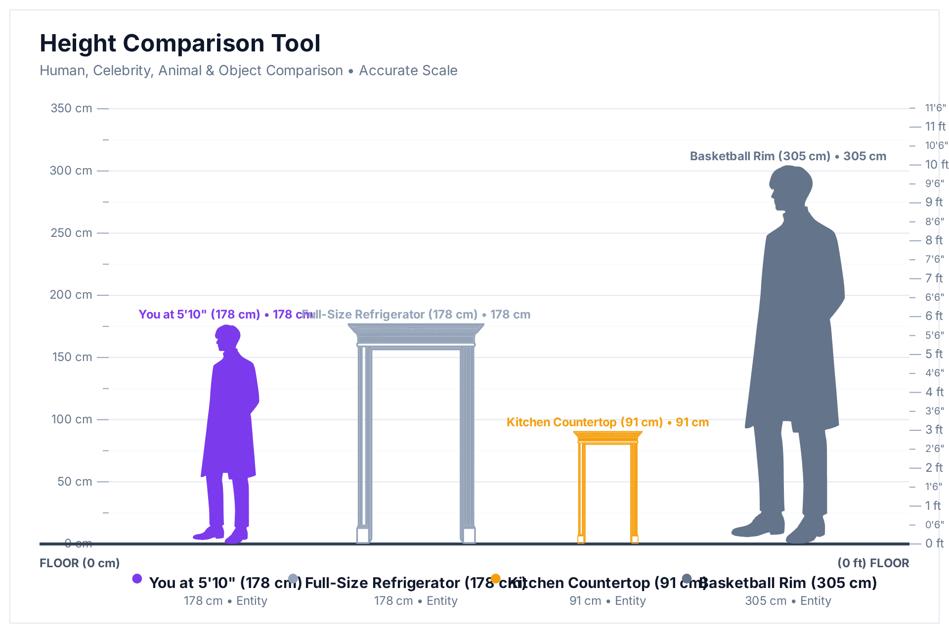 Height comparison chart showing a 5 ft 10 in (178 cm) person next to a refrigerator, a kitchen countertop, and a basketball rim
