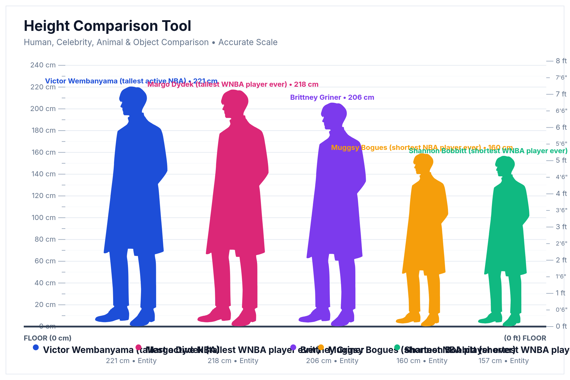 Height comparison chart showing Victor Wembanyama at 221 cm, Margo Dydek at 218 cm, Brittney Griner at 206 cm, Muggsy Bogues at 160 cm and Shannon Bobbitt at 157 cm
